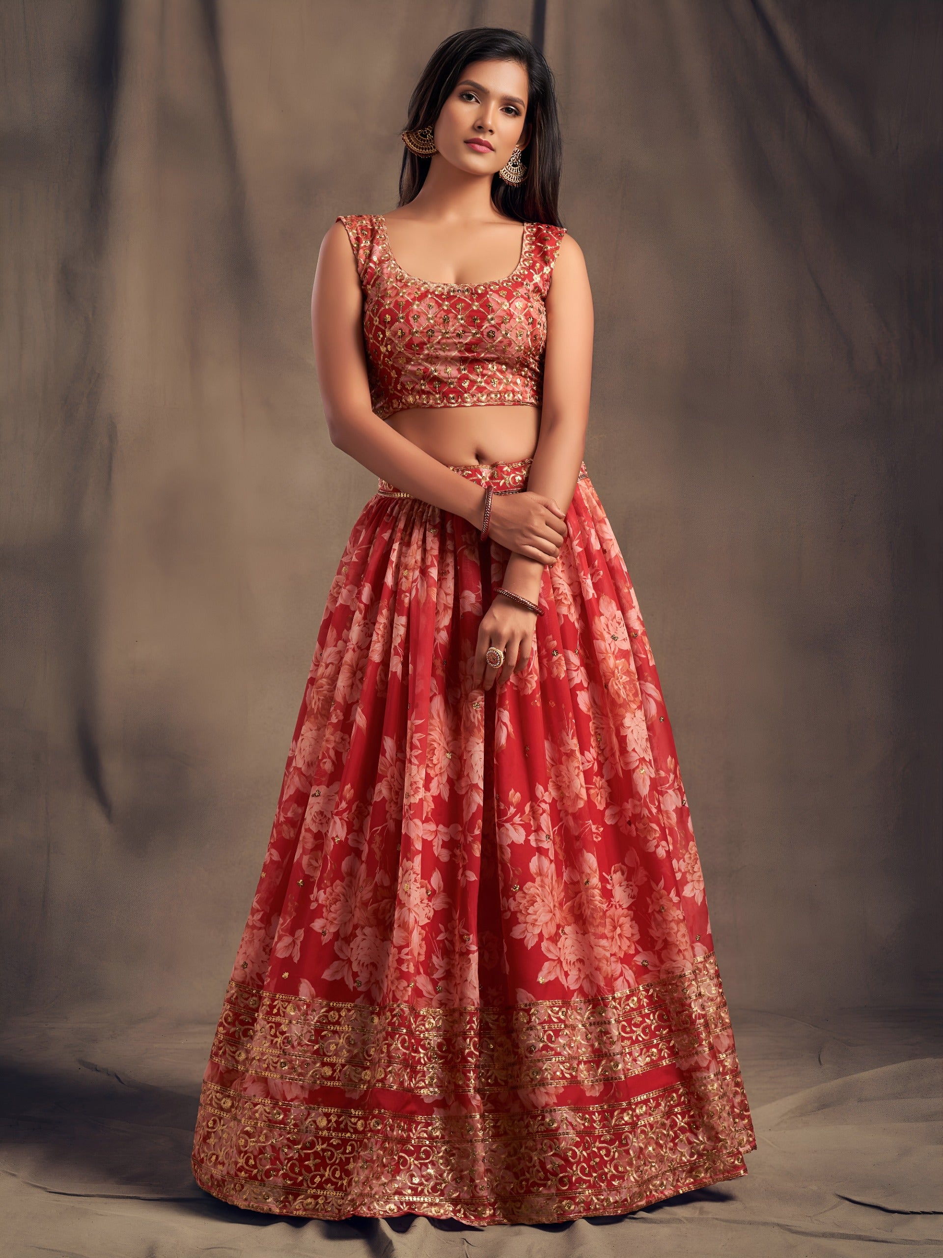 Women floral print lehenga choli with embroidered dupatta Indian traditional dresses