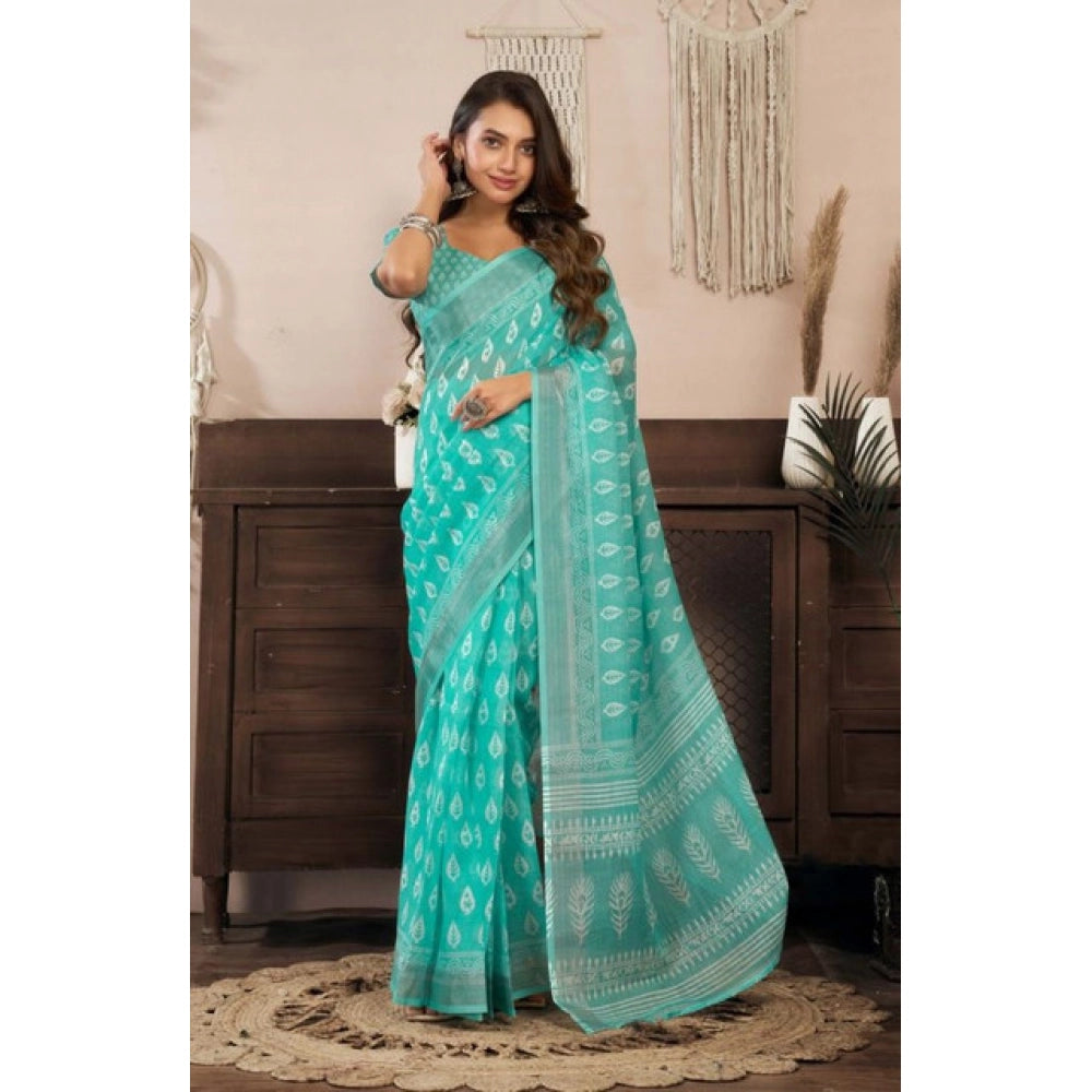 Women's Faux Linen Printed Ready to wear Saree With Unstitched Blouse