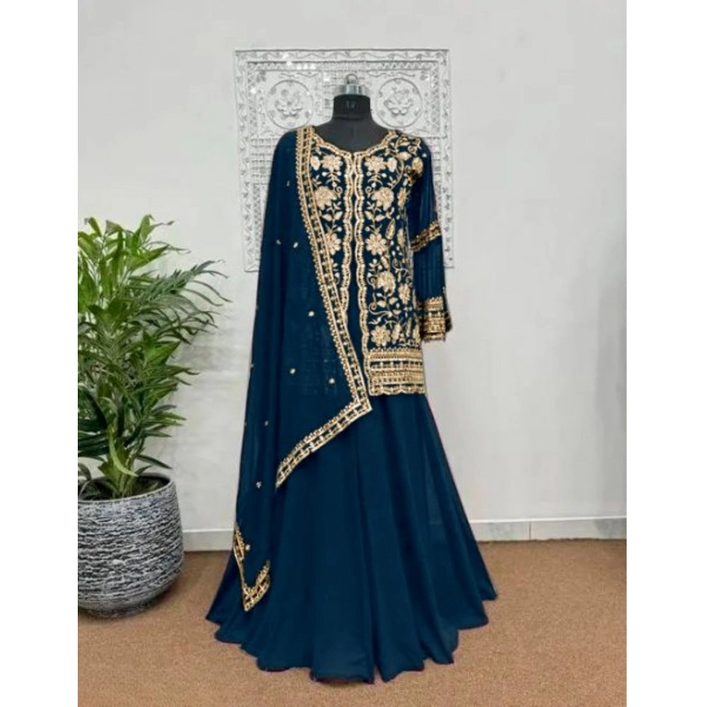 Women's Georgette Embroidery 3-4th Sleeve V-Neck Kurti, Palazzo And Dupatta