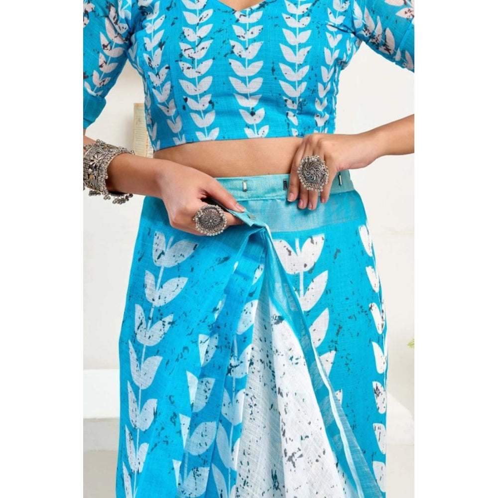 Women's Faux Linen Printed Ready to wear Saree With Unstitched Blouse