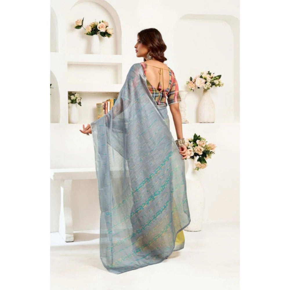 Women's Faux Linen Printed Ready to wear Saree With Unstitched Blouse