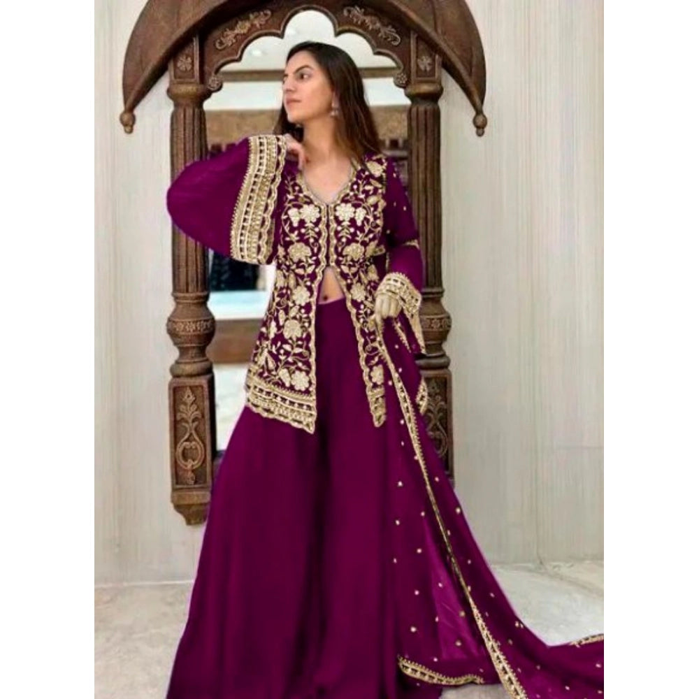 Women's Georgette Embroidery 3-4th Sleeve V-Neck Kurti, Palazzo And Dupatta