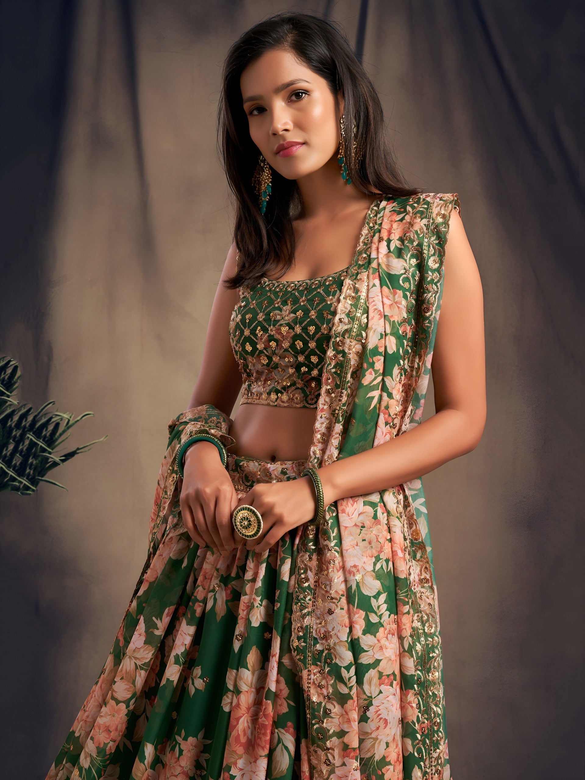 Women floral print lehenga choli with embroidered dupatta Indian traditional dresses