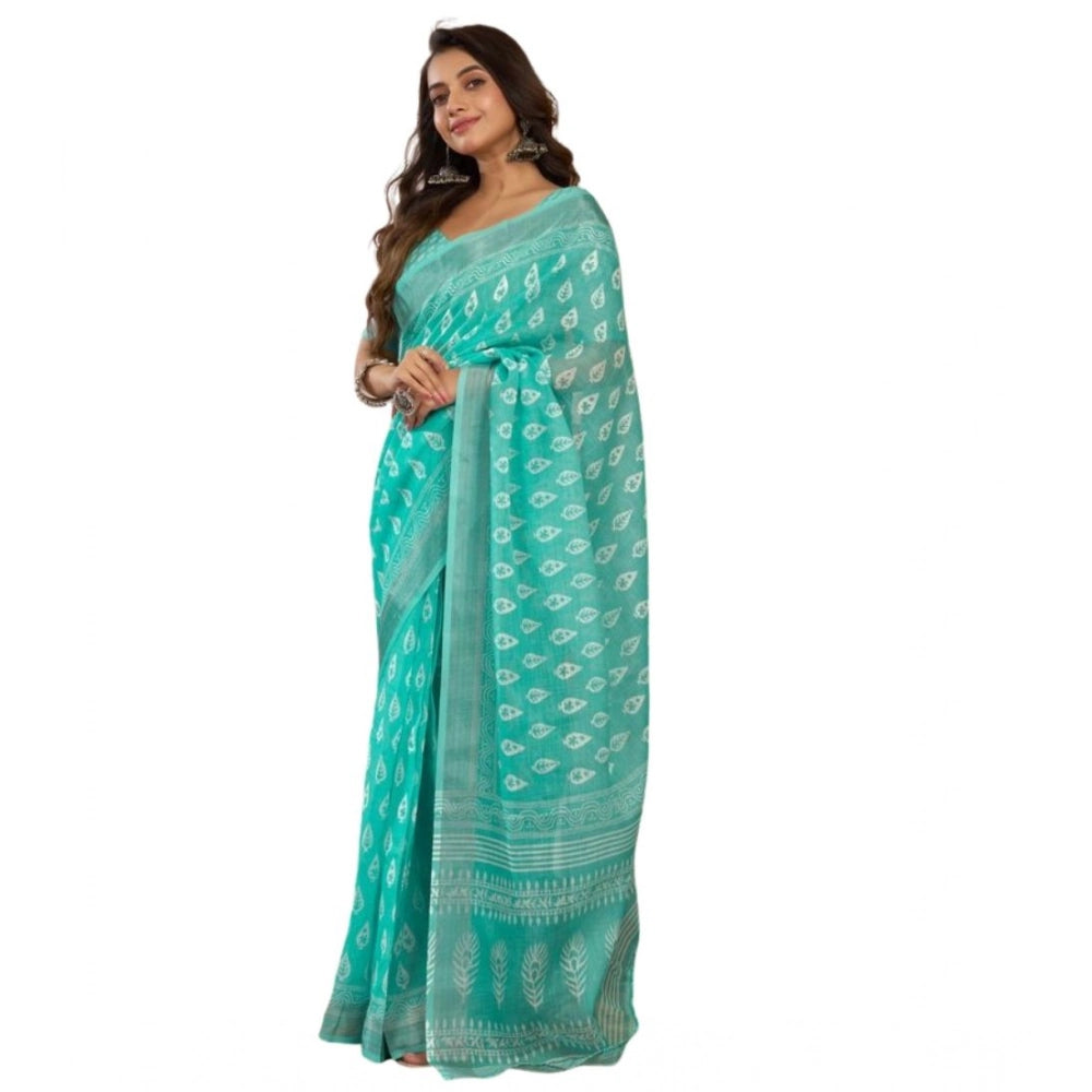 Women's Faux Linen Printed Ready to wear Saree With Unstitched Blouse