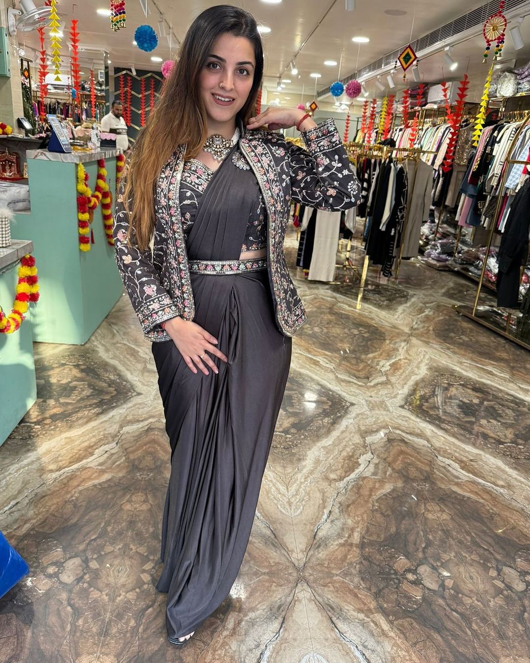 Women traditional ready to wear saree with designer embroidered jacket wedding dress clothing