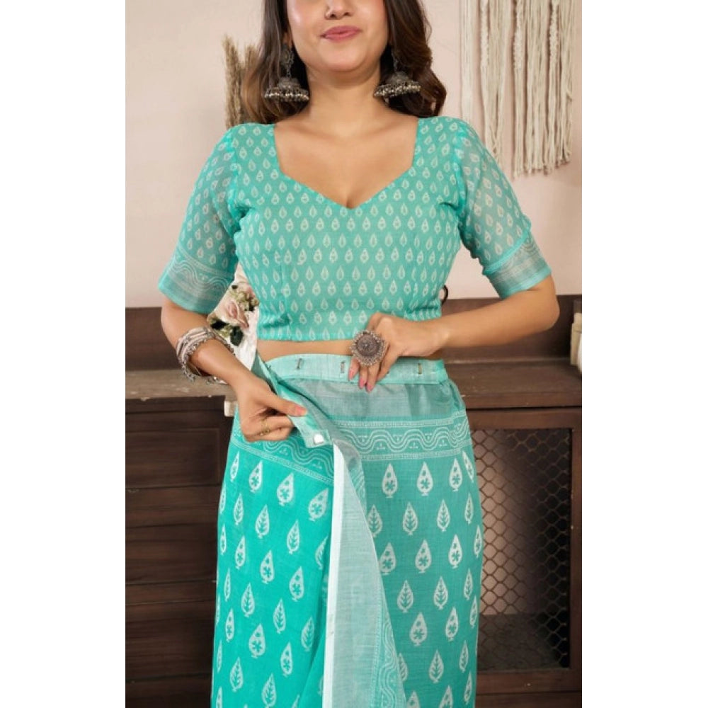 Women's Faux Linen Printed Ready to wear Saree With Unstitched Blouse