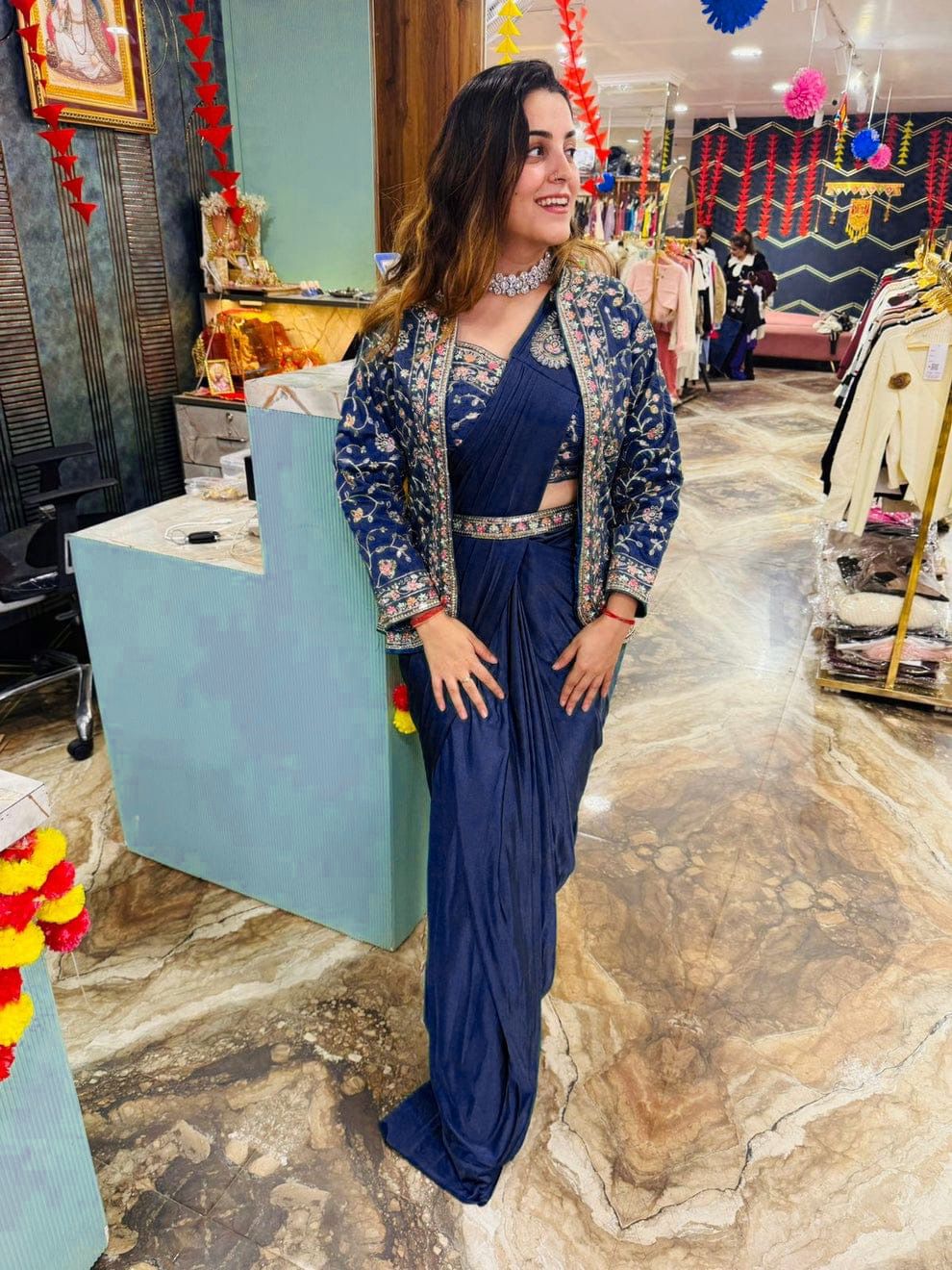 Women traditional ready to wear saree with designer embroidered jacket wedding dress clothing