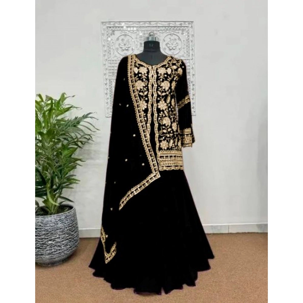 Women's Georgette Embroidery 3-4th Sleeve V-Neck Kurti, Palazzo And Dupatta
