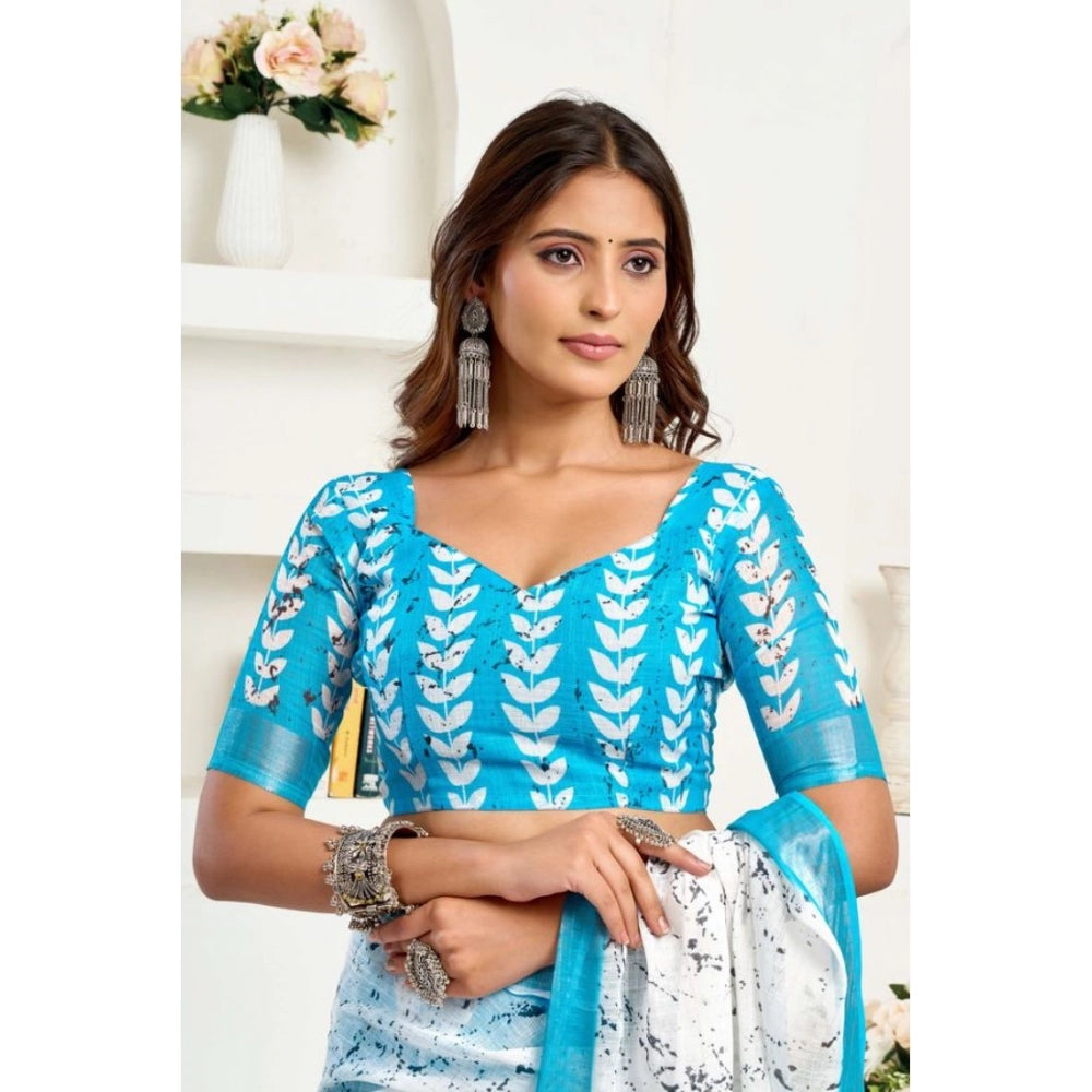 Women's Faux Linen Printed Ready to wear Saree With Unstitched Blouse