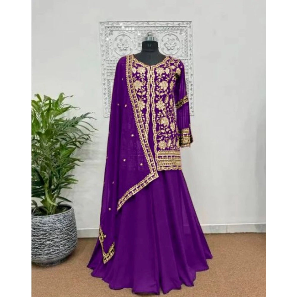 Women's Georgette Embroidery 3-4th Sleeve V-Neck Kurti, Palazzo And Dupatta