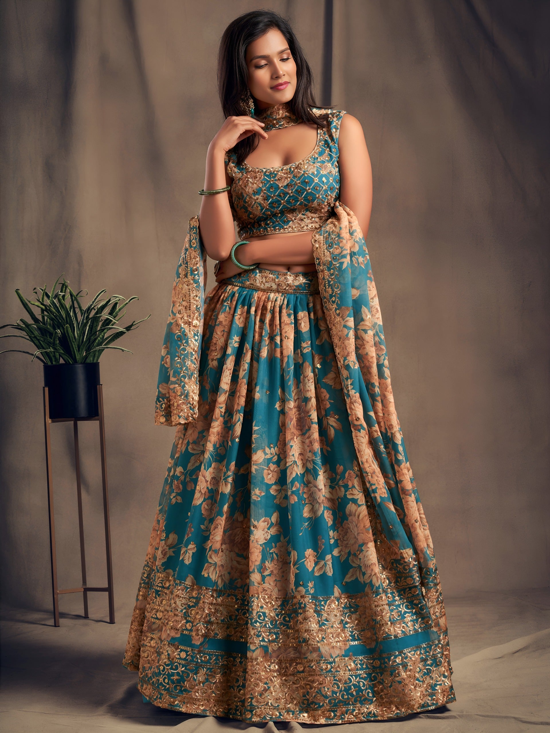Women floral print lehenga choli with embroidered dupatta Indian traditional dresses