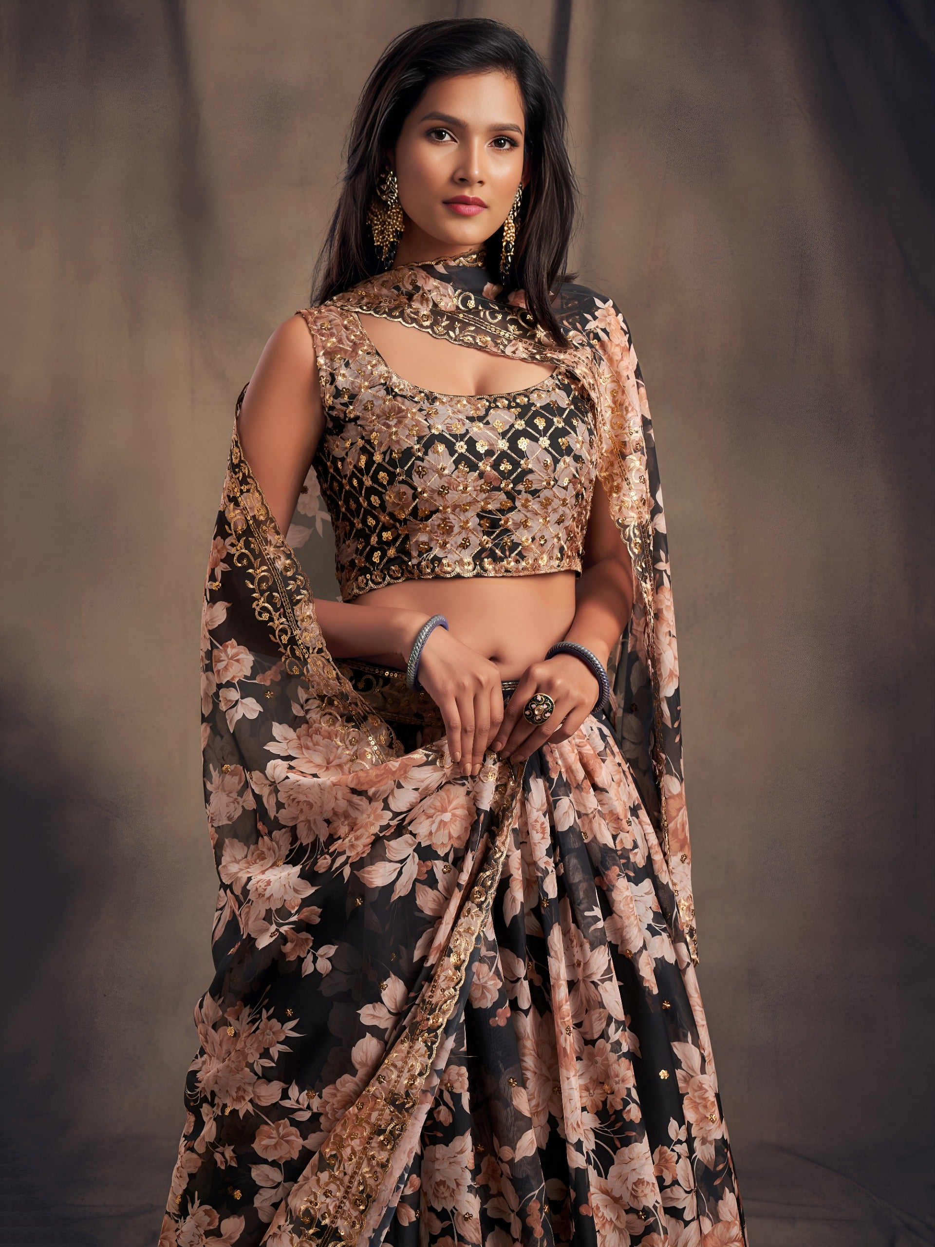 Women floral print lehenga choli with embroidered dupatta Indian traditional dresses