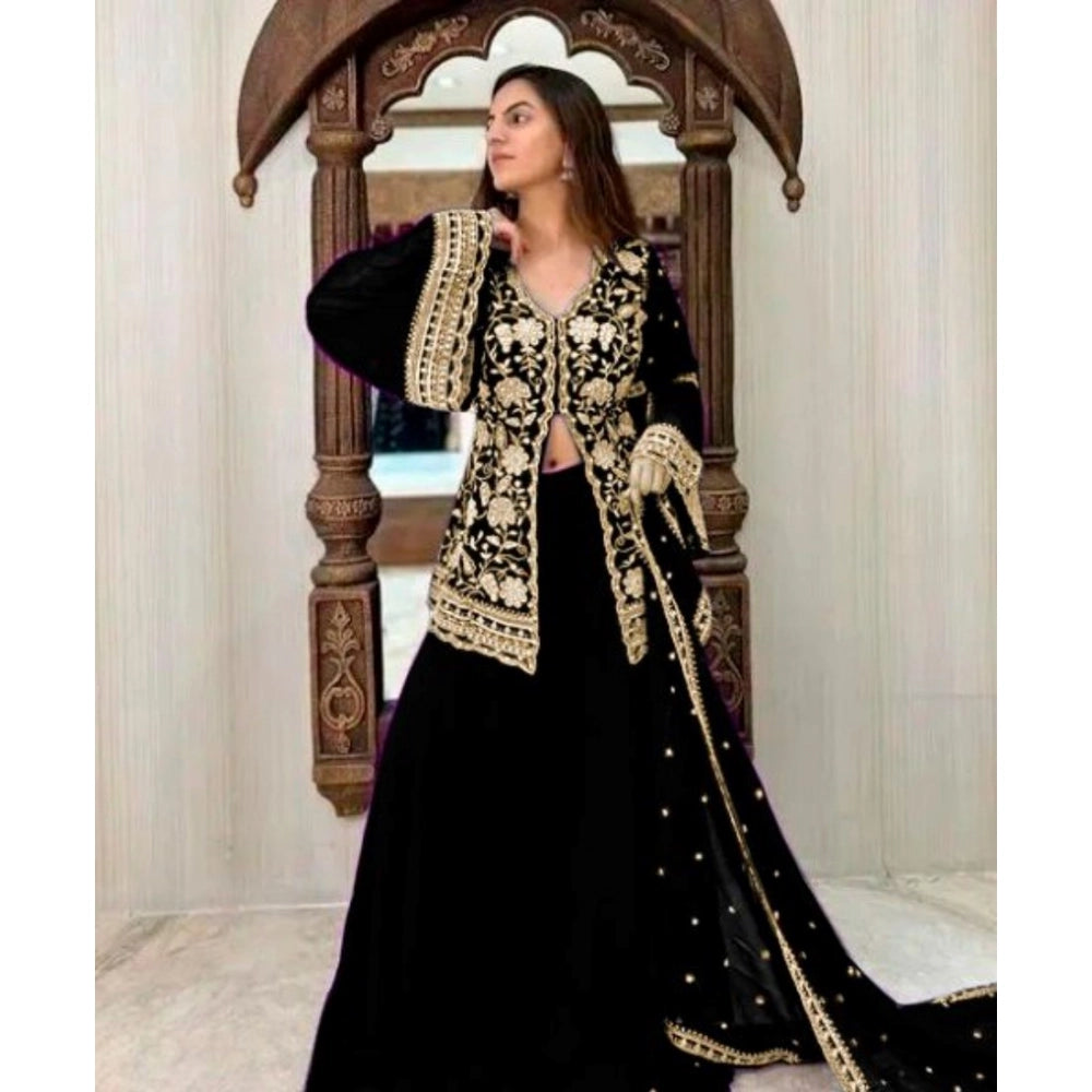 Women's Georgette Embroidery 3-4th Sleeve V-Neck Kurti, Palazzo And Dupatta