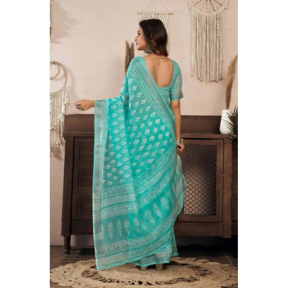 Women's Faux Linen Printed Ready to wear Saree With Unstitched Blouse