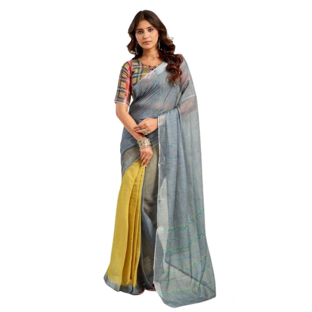 Women's Faux Linen Printed Ready to wear Saree With Unstitched Blouse