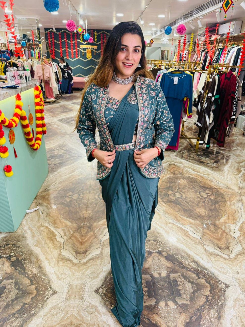 Women traditional ready to wear saree with designer embroidered jacket wedding dress clothing