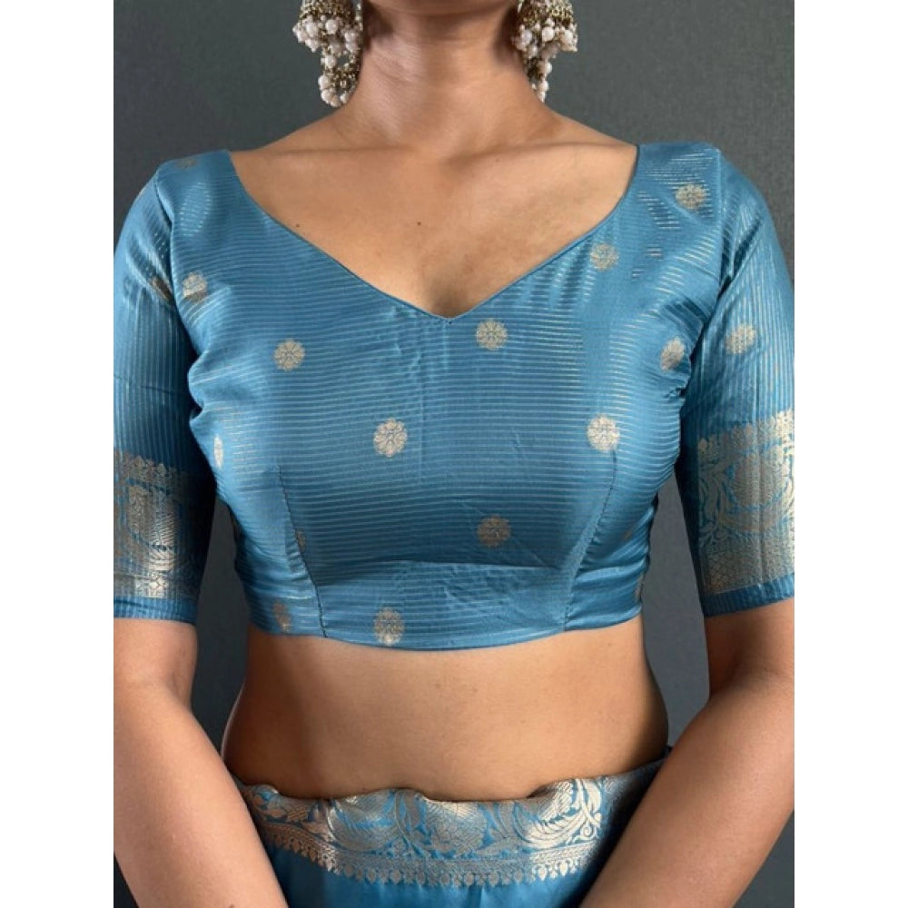 Women satin printed saree with border and unstitched blouse