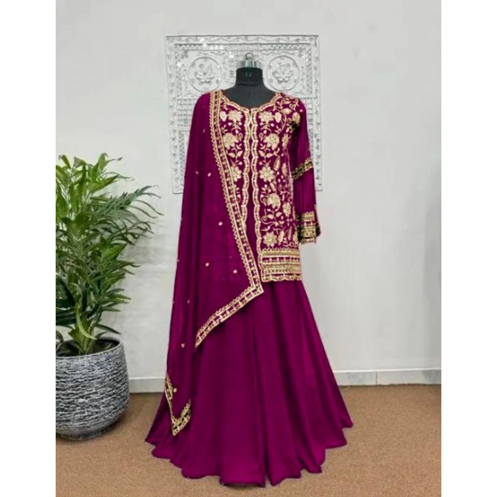 Women's Georgette Embroidery 3-4th Sleeve V-Neck Kurti, Palazzo And Dupatta