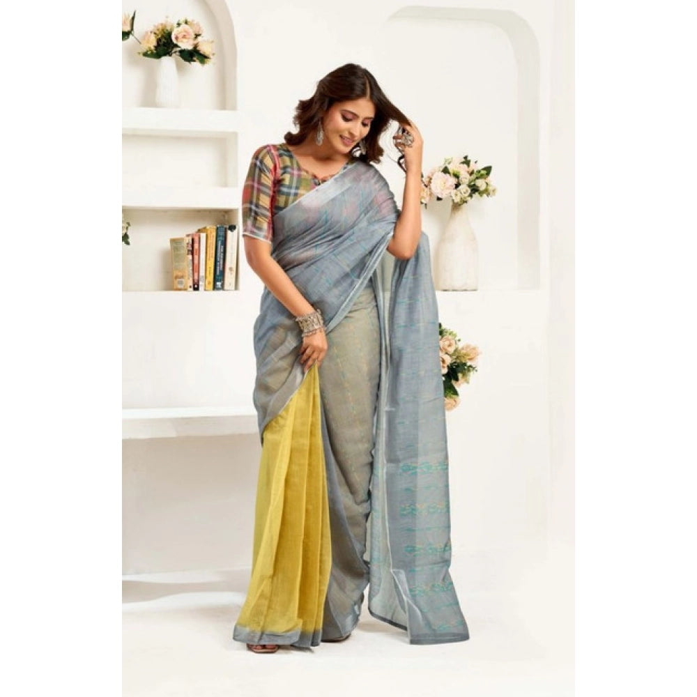 Women's Faux Linen Printed Ready to wear Saree With Unstitched Blouse