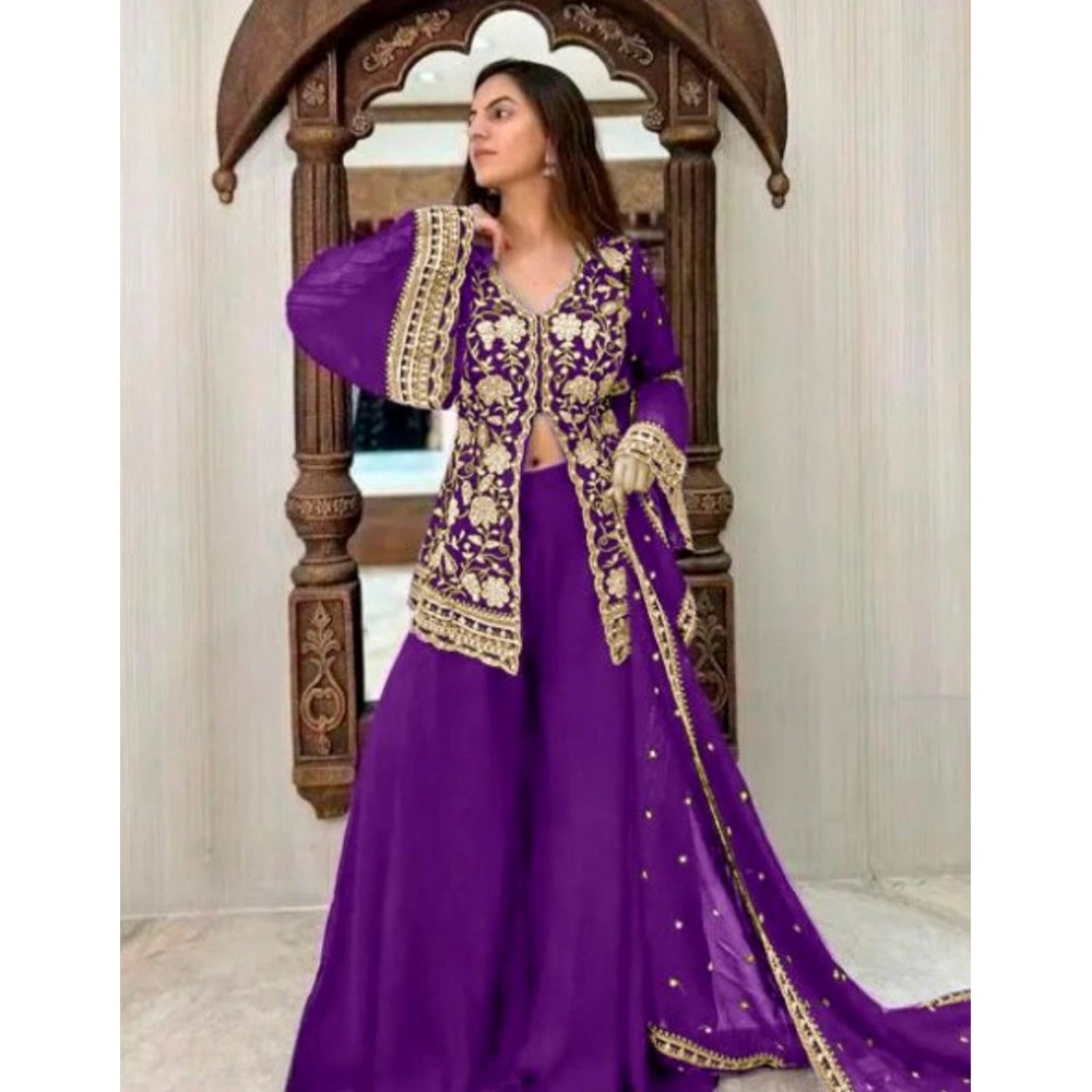 Women's Georgette Embroidery 3-4th Sleeve V-Neck Kurti, Palazzo And Dupatta