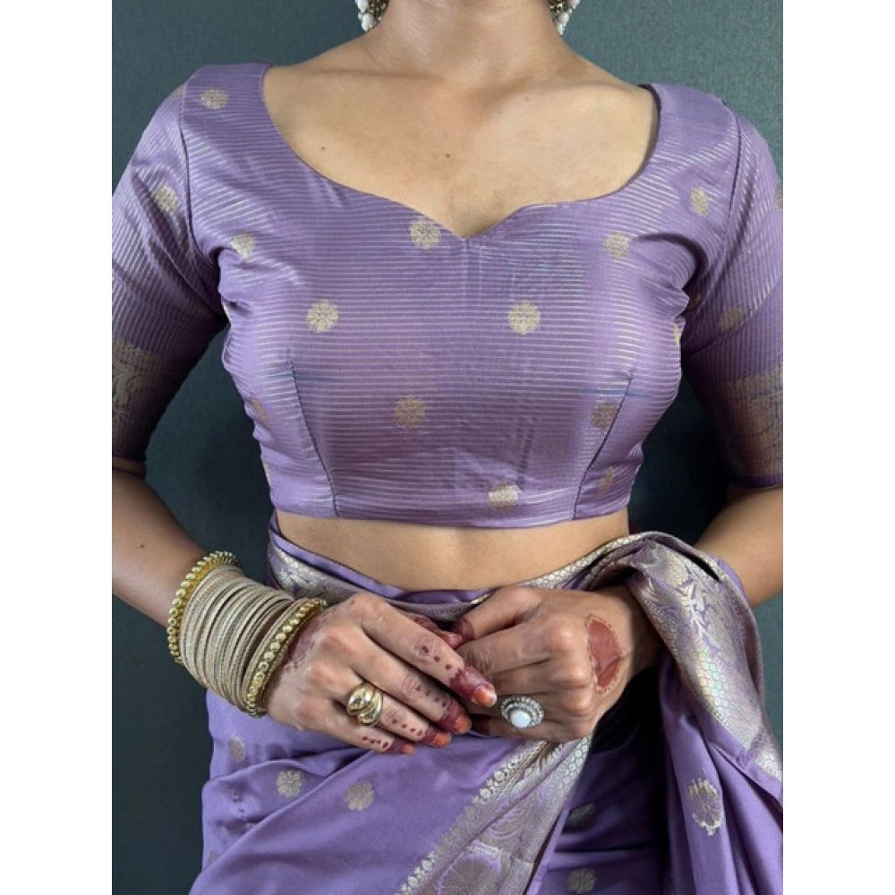 Women satin printed saree with border and unstitched blouse