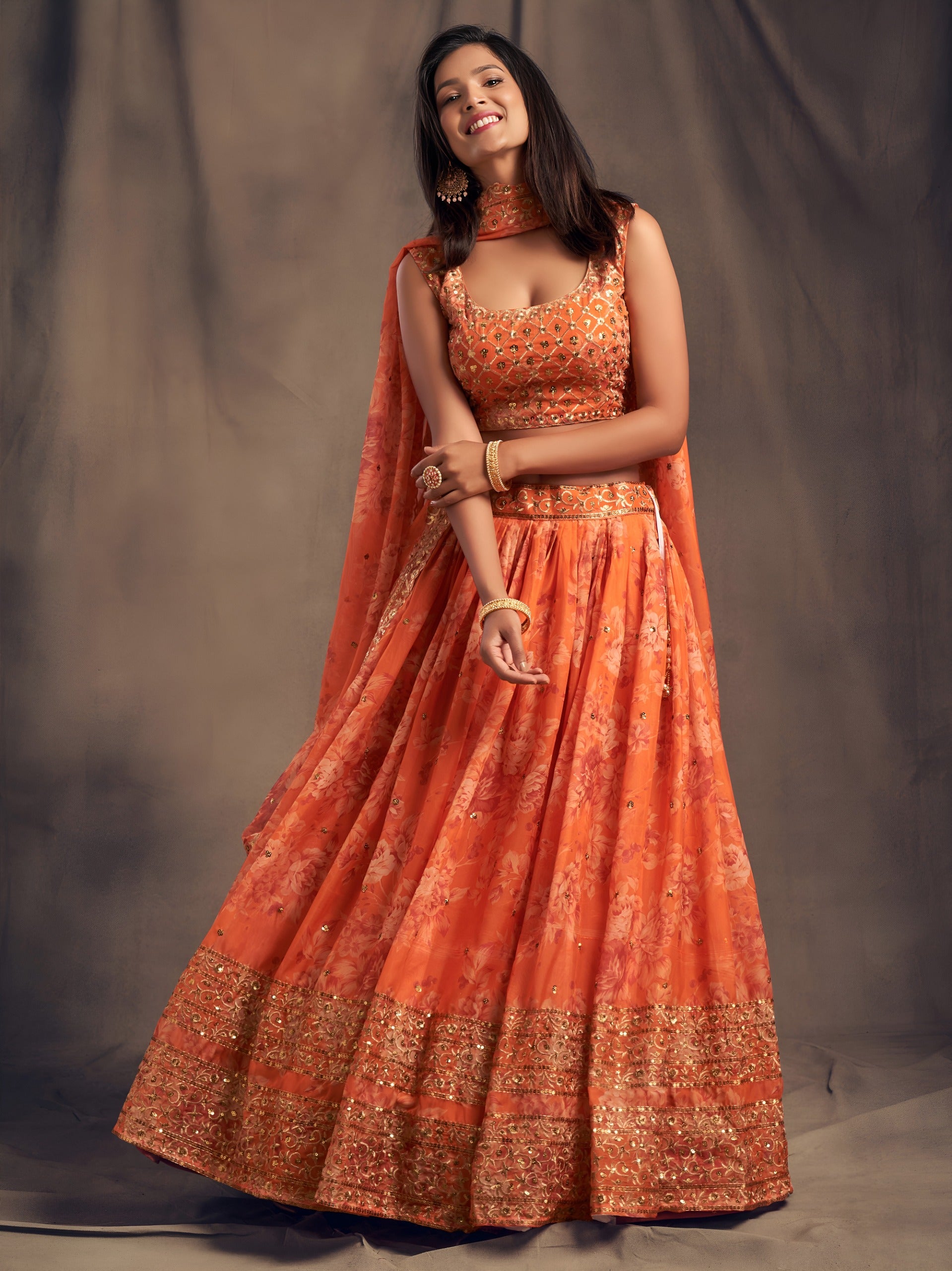 Women floral print lehenga choli with embroidered dupatta Indian traditional dresses